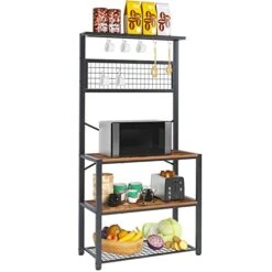 Soges Kitchen Baker's Rack, 4-Tier Design, Microwave Stand, Rustic Brown, Utility Organizer, Mesh Bottom Panel, Free Standing With 5 Hooks