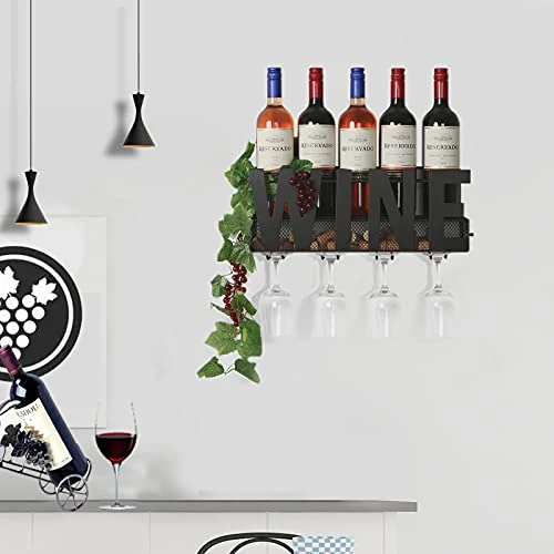 SODUKU Wall Mounted Metal Wine Rack 4 Long Stem Glass Holder & Wine Cork Storage Wine 4 SODUKU Wall Mounted Metal Wine Rack 4 Long Stem Glass Holder & Wine Cork Storage Wine - Image 4
