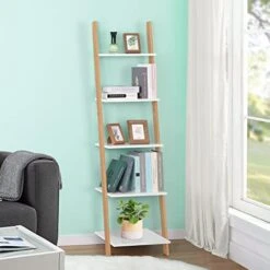 Ufine 5-Tier Ladder Shelf Wall Leaning Bookshelf Bamboo Display Rack Decorative Open Storage Organizer For Living Room Bedroom Bathroom