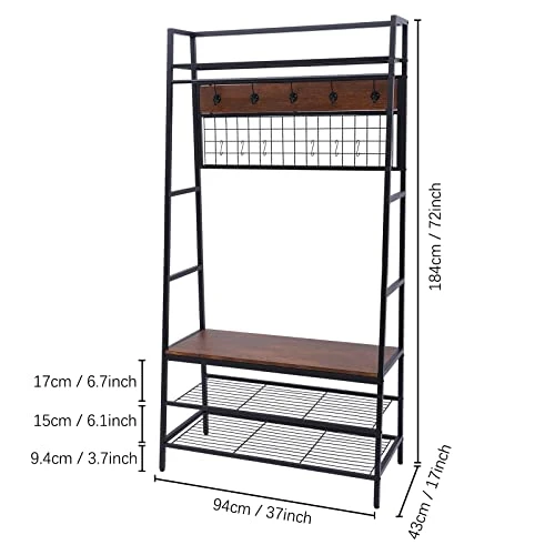 Coat Rack Shoe Bench, Hall Tree Entryway Bench With Storage, Wood Look Accent Furniture With Metal Frame, 3-in-1 Design (Brown) 2 Coat Rack Shoe Bench, Hall Tree Entryway Bench With Storage, Wood Look Accent Furniture With Metal Frame, 3-in-1 Design (Brown) - Image 2