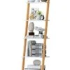 FekCits Ladder Bookshelf, 5 Tier Bamboo Leaning Ladder Shelf, Freestanding Plant Flower Stand Corner Display Bookcase For Living Room, Kitchen, Office, Balcony