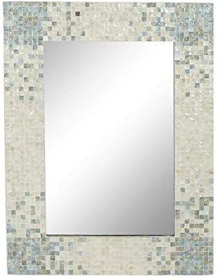 Deco 79 Mother Of Pearl Handmade Mosaic Wall Mirror With Blue Corners, 24" X 1" X 36", Cream 7 Deco 79 Mother Of Pearl Handmade Mosaic Wall Mirror With Blue Corners, 24" X 1" X 36", Cream - Image 7