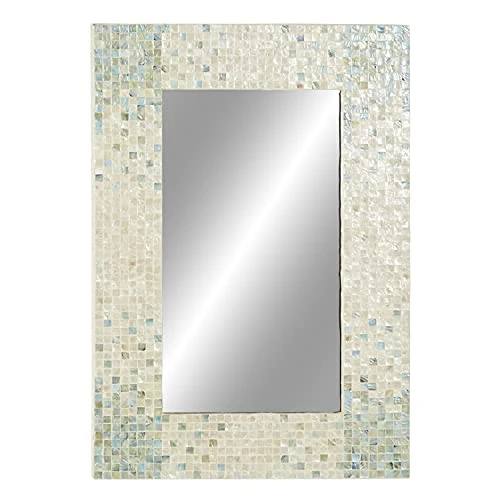 Deco 79 Mother Of Pearl Handmade Mosaic Wall Mirror With Blue Corners, 24" X 1" X 36", Cream 3 Deco 79 Mother Of Pearl Handmade Mosaic Wall Mirror With Blue Corners, 24" X 1" X 36", Cream - Image 3