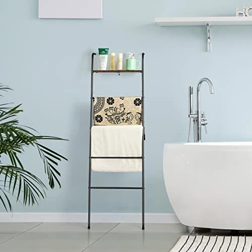 OYEAL Blanket Ladder Farmhouse Decorative Ladder Holder With Storage Shelf, Wall Leaning Towel Racks For Bathroom, Living Room, Bedroom, Laundry Room, Black 3 OYEAL Blanket Ladder Farmhouse Decorative Ladder Holder With Storage Shelf, Wall Leaning Towel Racks For Bathroom, Living Room, Bedroom, Laundry Room, Black - Image 3