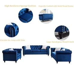 3-Piece Velvet Upholstered Living Room Furniture Set, Including 3-Seater Sofa, Loveseat And Single Sofa Chair With Button And Copper Nail On Arms And Back, Five White Villose Pillows Included, Blue -Songmics Furniture Shop 41PuaTbtQnL