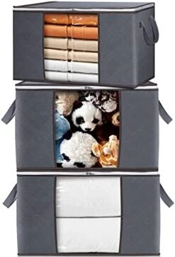 【𝟯𝗣𝗰𝘀】 Extra Large Clothes Blanket Storage Bags, 90L Thicker Fabric Closet Organizers And Storage Bins For Comforter, Clothing, Toys - Bedroom Dorm Storage Containers With Lids, Sturdy Handles -Grey -Songmics Furniture Shop 41QHCZmLkL. AC