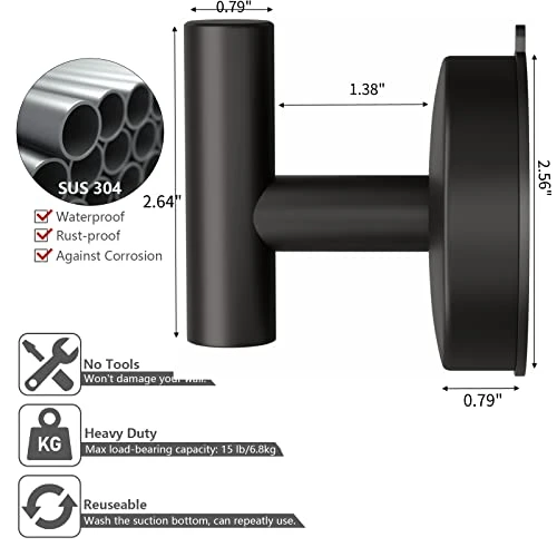 DGYB Large Suction Cup Hooks For Shower Set Of 2 Black Towel Hooks For Bathrooms Waterproof Stainless Steel Suction Shower Hooks For Inside Shower 15 Lb Removable Wall Hooks For Hanging Heavy Duty 5 DGYB Large Suction Cup Hooks For Shower Set Of 2 Black Towel Hooks For Bathrooms Waterproof Stainless Steel Suction Shower Hooks For Inside Shower 15 Lb Removable Wall Hooks For Hanging Heavy Duty - Image 5