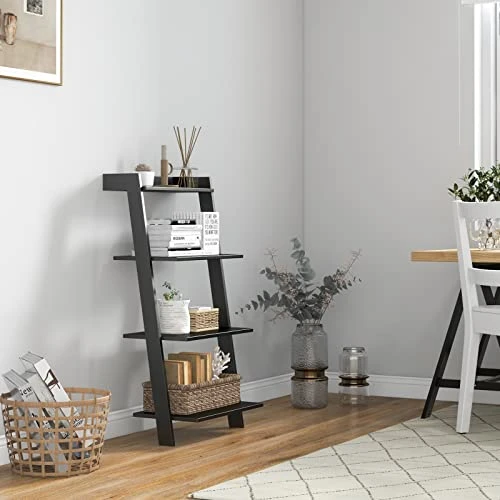 Tangkula 4 Tier Ladder Shelf, Leaning Bookshelf With Solid Wooden Frame, Anti-toppling Device, Anti-falling Baffle, Organizer Shelf, Open Shelving Unit For Home Office, 19.5 X 17.5 X 43 Inches (Black) 4 Tangkula 4 Tier Ladder Shelf, Leaning Bookshelf With Solid Wooden Frame, Anti-toppling Device, Anti-falling Baffle, Organizer Shelf, Open Shelving Unit For Home Office, 19.5 X 17.5 X 43 Inches (Black) - Image 4