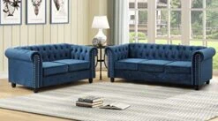 Best Master Furniture Venice Mid-Century Tufted Velvet 2 Pcs Living Room Sofa & Loveseat Set, Navy Blue