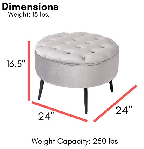 BIRDROCK HOME Tufted Round Grey Ottoman – Velvet Foot Stool – Mid Century Modern Steel Legs - Soft Compact Padded Stool - Living Room Or Bedroom – Vanity Chair - Decorative Furniture 3 BIRDROCK HOME Tufted Round Grey Ottoman – Velvet Foot Stool – Mid Century Modern Steel Legs - Soft Compact Padded Stool - Living Room Or Bedroom – Vanity Chair - Decorative Furniture - Image 3