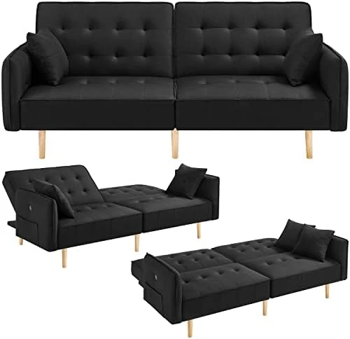 Yaheetech 78” Convertible Sofa Bed With USB Ports Sleeper Couch Futon Daybed Sleeper Sofa For Living Room Convertible Loveseat Adjustable Couch Bed Linen Fabric Tufted Split-Back Daybed, Black 7 Yaheetech 78” Convertible Sofa Bed With USB Ports Sleeper Couch Futon Daybed Sleeper Sofa For Living Room Convertible Loveseat Adjustable Couch Bed Linen Fabric Tufted Split-Back Daybed, Black - Image 7