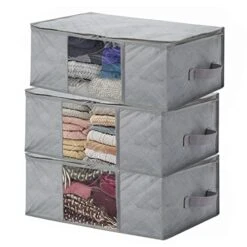 Clothes Storage Bag Foldable, LSNDEE Under Bed Clothing Storage Bags, Fabric Storage Box With Zips, Waterproof Thick Non-woven Closet Organizers, Used For Bedding Duvet Storage, 48 X 35 X 20 Cm, 3 Pack (Grey)