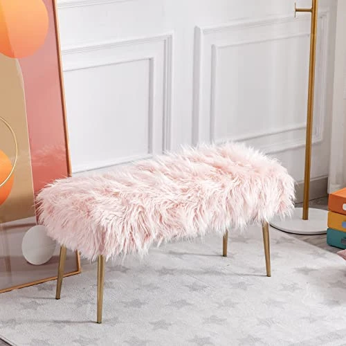 Chairus Faux Fur Entryway Bench Small Shaggy Furry Ottoman Bench For Bedroom Living Room, Pink 2 Chairus Faux Fur Entryway Bench Small Shaggy Furry Ottoman Bench For Bedroom Living Room, Pink - Image 2