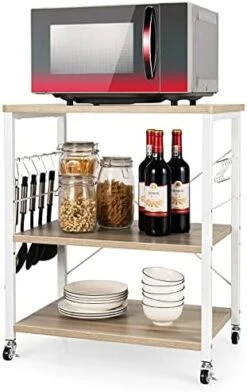 Giantex Kitchen Baker’s Rack 3-Tier Microwave Cart On Wheels, Industrial Utility Bar Cart With 10 Hooks Metal Frame Wood Storage Shelves, Rolling Microwave Stand, Vintage Bown -Songmics Furniture Shop 41RUDPaXZL. AC