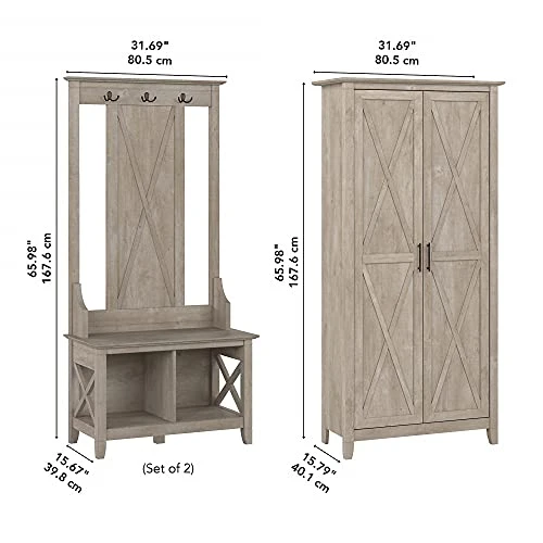 Bush Furniture Key West Entryway Storage Set With Hall Tree, Shoe Bench And Tall Cabinet, Washed Gray 4 Bush Furniture Key West Entryway Storage Set With Hall Tree, Shoe Bench And Tall Cabinet, Washed Gray - Image 4