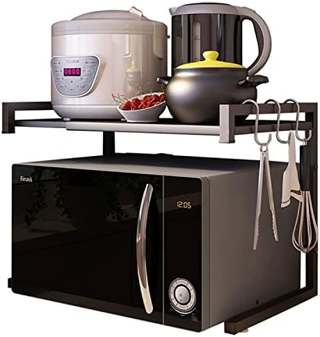 PUSDON Microwave Oven Rack, Adjustable Shelf With Hooks & 100lbs Capacity, 2-Tier Organizer For Kitchen Counter In Black-Microparticles 9 PUSDON Microwave Oven Rack, Adjustable Shelf With Hooks & 100lbs Capacity, 2-Tier Organizer For Kitchen Counter In Black-Microparticles - Image 9