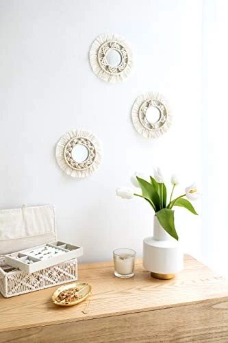 Mkono Mini Round Wall Mirror With Macrame Fringe Set Of 3 Small Wall Hanging Circle Mirror Boho Home Decor For Apartment Living Room Bedroom Baby Nursery,Beautiful Gift Ideas, 2.7''D, X-Small 3 Mkono Mini Round Wall Mirror With Macrame Fringe Set Of 3 Small Wall Hanging Circle Mirror Boho Home Decor For Apartment Living Room Bedroom Baby Nursery,Beautiful Gift Ideas, 2.7''D, X-Small - Image 3