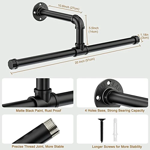 FANHAO Industrial Pipe Clothes Rack, Heavy Duty Rustic Detachable Wall Mounted Clothing Rack Black Iron Garment Bar, Multi-purpose Hanging Rod For Closet Storage, 2 Pack 3 FANHAO Industrial Pipe Clothes Rack, Heavy Duty Rustic Detachable Wall Mounted Clothing Rack Black Iron Garment Bar, Multi-purpose Hanging Rod For Closet Storage, 2 Pack - Image 3