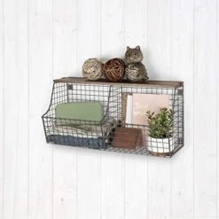 Spectrum Diversified Vintage Double Bin With Wood Storage Wall-Mounted Wire Basket & Wood Shelf, Farmhouse Style Entryway Storage & Organization, Industrial Gray -Songmics Furniture Shop 41S02ISOxKL