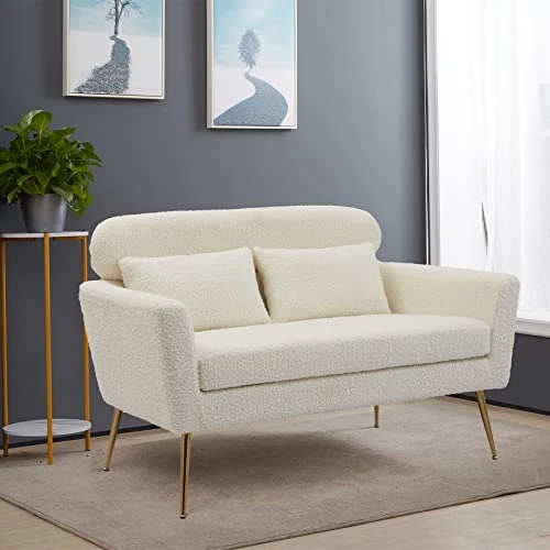 Betoko 51‘’ Loveseat Sofa Small Couch Two Seat Mid Century Modern Sofa With 2 Throw Pillows And Gold Metal Legs For Small Space Office Studio Apartments Bedroom,Ivory 4 Betoko 51‘’ Loveseat Sofa Small Couch Two Seat Mid Century Modern Sofa With 2 Throw Pillows And Gold Metal Legs For Small Space Office Studio Apartments Bedroom,Ivory - Image 4