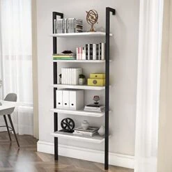 DKLGG Wall Mounted Bookcase, Industrial Ladder Bookshelf, 5-Tier Mounted Book Shelf Metal Frame Open Display Rack, Standing Leaning Ladder Storage Shelves ​for Living Room, Bedroom, Balcony, Office
