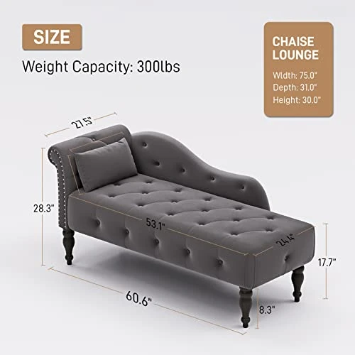 WIILAYOK Chaise Lounge Indoor With Pillow, Velvet Lounge Chair With Buttons Nailhead Trim And Solid Wood Legs, Recliner Lounge Chair For Living Room Bedroom (Grey) 2 WIILAYOK Chaise Lounge Indoor With Pillow, Velvet Lounge Chair With Buttons Nailhead Trim And Solid Wood Legs, Recliner Lounge Chair For Living Room Bedroom (Grey) - Image 2