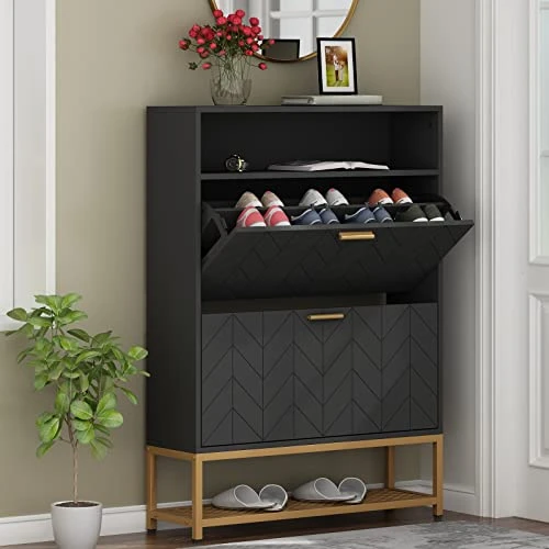 Loomie Shoe Cabinet, Free Standing Tipping Bucket Shoe Rack Organizer With 2 Flip Drawers,Entryway Narrow Shoe Storage With Storage Shelf & Top Cubby,Modern Slim Hidden Shoe Cabinet With Doors (Black) 1 Loomie Shoe Cabinet, Free Standing Tipping Bucket Shoe Rack Organizer With 2 Flip Drawers,Entryway Narrow Shoe Storage With Storage Shelf & Top Cubby,Modern Slim Hidden Shoe Cabinet With Doors (Black)