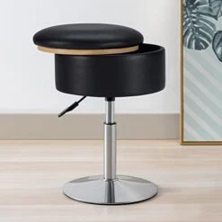 Leather Storage Ottoman Vanity Stool, 18" To 23" Height Adjustable Foot Stool Upholstered Round Footrest Coffee Table Top Cover, Modern Accent Stools,360° Swivel Makeup Stool For Living Room Bedroom -Songmics Furniture Shop 41SK7ZRVDaL. AC