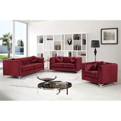 Meridian Furniture Isabelle Collection Modern | Contemporary Channel Tufted, Velvet Upholstered Sofa With Custom Chrome Legs, Burgundy, 86.5" W X 35.5" D X 31" H -Songmics Furniture Shop 41SacirQjkL