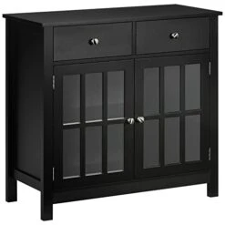 HOMCOM Sideboard Buffet Cabinet, Accent Kitchen Cabinet With Glass Doors, Adjustable Shelf And 2 Drawers For Kitchen, Black