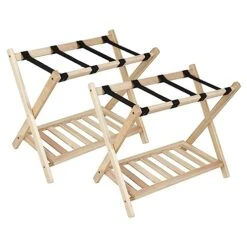 Babion Folding Luggage Racks For Guest Room With Shelf, Wooden Suitcase Stand, 2 Tier Foldable Luggage Racks With Heavy Duty Nylon Belts, Suitcase Bag Holder For Bedroom Guest Room, 2 Pack