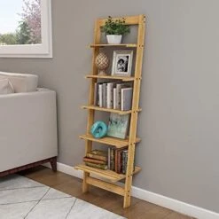 5-Tier Ladder Shelf - Wooden Narrow Leaning Book Shelf For Bedroom, Living Room, Or Kitchen Shelving - Boho Home Decor By Lavish Home (Oak) -Songmics Furniture Shop 41T6Uyr N L. AC