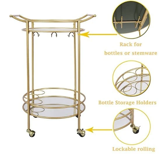 Round Gold Rolling Bar Cart With 2 Mirror Shelves, Wine Rack And Lockable Casters, Suitable For Home Kitchen, Club, Living Room, Thanksgiving, Christmas, New Year, 22"X18"X33" 2 Round Gold Rolling Bar Cart With 2 Mirror Shelves, Wine Rack And Lockable Casters, Suitable For Home Kitchen, Club, Living Room, Thanksgiving, Christmas, New Year, 22"X18"X33" - Image 2