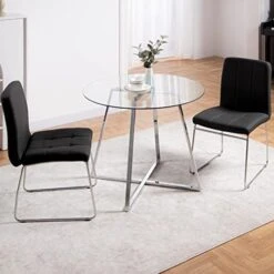 5 Pieces Dining Table And Chairs Set - Modern Round Dining Room Table With 4 Leather Chairs - Tempered Glass Table Top And Chrome Legs Kitchen Table Set For Small Space - White -Songmics Furniture Shop 41T9yZ1WKKL. AC