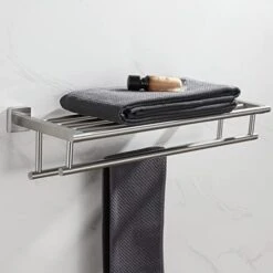 VELIMAX Bathroom Towel Rack, Bathroom Shelf With Towel Bar, Brushed Nickel Towel Rack Wall Mounted, 18/8 Stainless Steel, Contemporary, Heavy Duty And Rustproof, 23.6-Inch