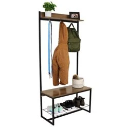 Sunnydaze Industrial-Style Entryway Hall Tree With Coat Rack, Shoe Bench – Wood Look With Powder-Coated Steel Frame - 220 Lb Bench Weight Capacity - Brown - 67 Inches Tall