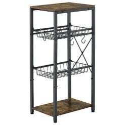 Gewudraw Kitchen Bakers Rack, Kitchen Storage Shelf With Pullout Wire Basket & 4 Side Hooks, Coffee Bar Station With Wine Rack - Rustic Brown, Perfect For Organizing Your Kitchen Essentials