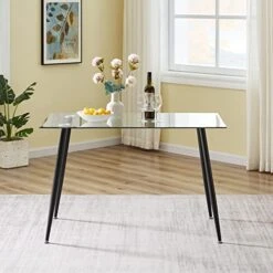 Glass Dining Table - Rectangular Tempered Glass Kitchen Table - Small Modern Glass Dining Room Table For 4 With Solid Metal Black Legs, Coffee Table For Living Room,Office,Small Space 47.2*27.6*29.5" -Songmics Furniture Shop 41Tg05X8twL