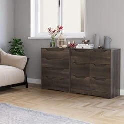 URKNO Modern 6 Drawer Dresser, Double Chest Of Drawers With Storage, 3+3 Clothing Organizer With Cut-Out Handle, Dresser Chest, Wood Storage Cabinet For Living Room, Bedroom, Hallway, Dark Brown -Songmics Furniture Shop 41Thf0x3JLL