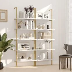 5-Tier Industrial Ladder Shelf Rustic Wall Mounted Metal Frame Bookshelf, Multi-Use Open Shelf For Storage Organizer Plants Rack For Office And Home, Living Room, Bedroom - White Marble Board -Songmics Furniture Shop 41To6MRHI0L