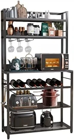 6 Tier Kitchen Bakers Rack With Wine Storage, Freestanding Kitchen Shelves With Hutch, Microwave Oven Stand, Coffee Bar Station With 4 Hooks, Wine Glass Holder, White Oak 35.5L X 13.8W X 64.7H -Songmics Furniture Shop 41TrYz9nBqL. AC