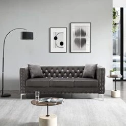 Fulocseny 2 Piece Modern Velvet Upholstered Living Room Set With 3-Seater Sofa And Loveseat, Jeweled Button Tufted Copper Nails Square Arms, 4 Pillows Included, Grey,5 Seater (Grey + Velvet) -Songmics Furniture Shop 41U0U8HlfEL. AC