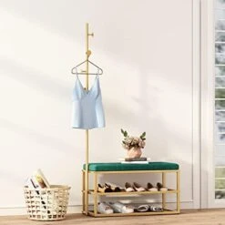 DOORXIFO Metal Gold Coat Rack Freestanding, Coat Hanger Stand, Hall Tree Coat Rack For Hanging Hats, Scarves, Bags, Modern Coat Rack With Double Shelves, Corner Coat Rack, 9 Hooks, Gold -Songmics Furniture Shop 41U2G0OIkL. AC