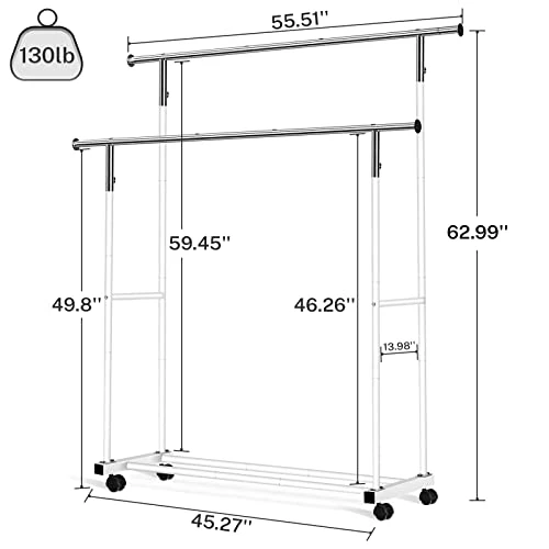 VICERII Double Clothing Rack, 55.51 Inch Garment Rack With Wheels And Bottom Shelf, 130LB Capacity Heavy Duty Rolling Clothes Racks For Hanging Clothes, Coats, Shirts, Sweaters, Skirts, White 5 VICERII Double Clothing Rack, 55.51 Inch Garment Rack With Wheels And Bottom Shelf, 130LB Capacity Heavy Duty Rolling Clothes Racks For Hanging Clothes, Coats, Shirts, Sweaters, Skirts, White - Image 5