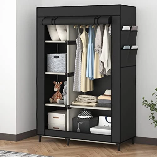 Buzowruil Canvas Wardrobe Portable Closet Wardrobe Clothes Storage With 6 Shelves And Hanging Rail,Non-Woven Fabric, Quick And Easy Assembly,Black 3 Buzowruil Canvas Wardrobe Portable Closet Wardrobe Clothes Storage With 6 Shelves And Hanging Rail,Non-Woven Fabric, Quick And Easy Assembly,Black - Image 3