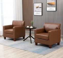 ANOUR Mid Century Modern Accent Chairs,Faux Leather Living Room Chairs With Wooden Legs,Single Sofa Chairs,Upholstered Arm Chairs For Living Room,Bedroom-Brown -Songmics Furniture Shop 41UAFA2bMgL