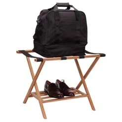 Household Essentials Fully Assembled Folding Luggage Rack With Lower Storage Shelf | Bamboo Frame With Black Straps, Brown 11 Household Essentials Fully Assembled Folding Luggage Rack With Lower Storage Shelf | Bamboo Frame With Black Straps, Brown -Songmics Furniture Shop 41UBSs8jQxL
