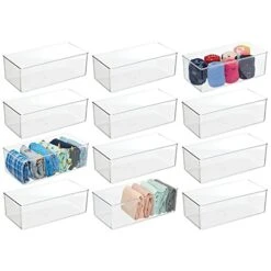 MDesign Long Plastic Drawer Organizer Box, Storage Organizer Bin Container; For Closets, Bedrooms, Use For Leggings, Socks, Ties, Jewelry, Accessories - Lumiere Collection - 12 Pack - Clear