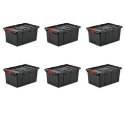 Sterilite 14649006 15 Gallon/57 Liter Industrial Tote, Black Lid & Base W/ Racer Red Latches, 6-Pack