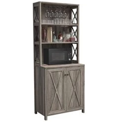 YITAHOME Kitchen Pantry Cabinet Storage Hutch With Microwave Stand Wine Rack, Freestanding Pantry Buffet Cabinet With Adjustable Shelves And Cupboard For Home, Rustic Grey Wash -Songmics Furniture Shop 41UqxXsbBEL